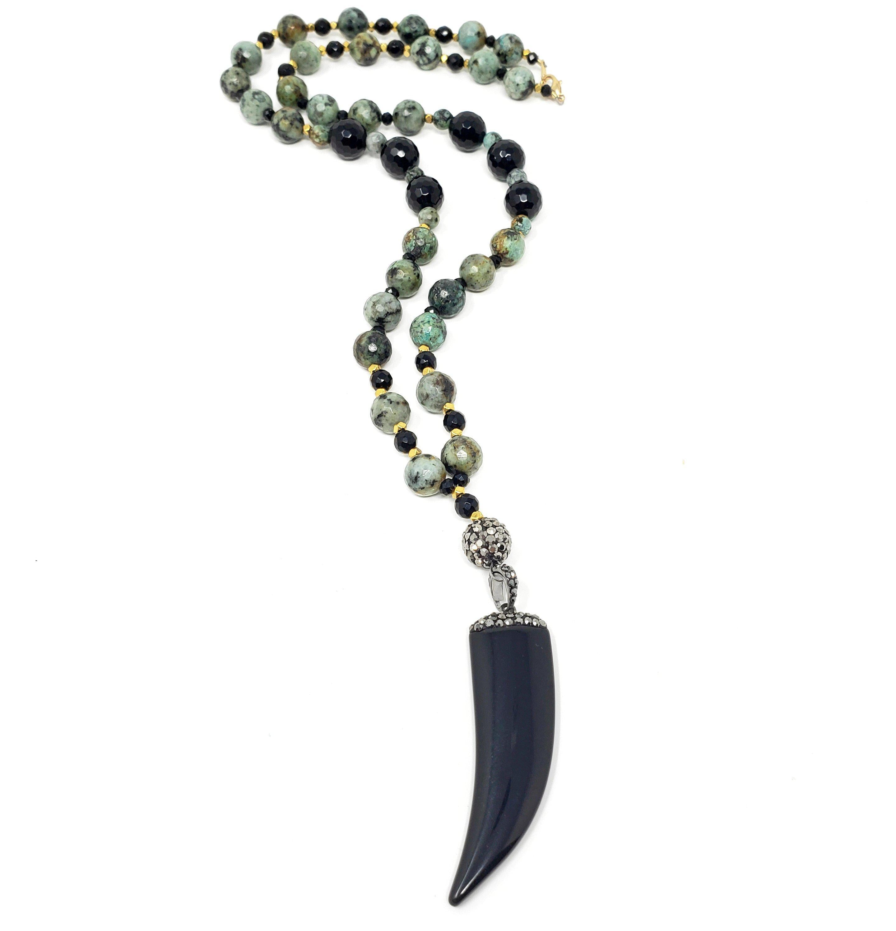 African Turquoise Onyx Pave Horn Necklace