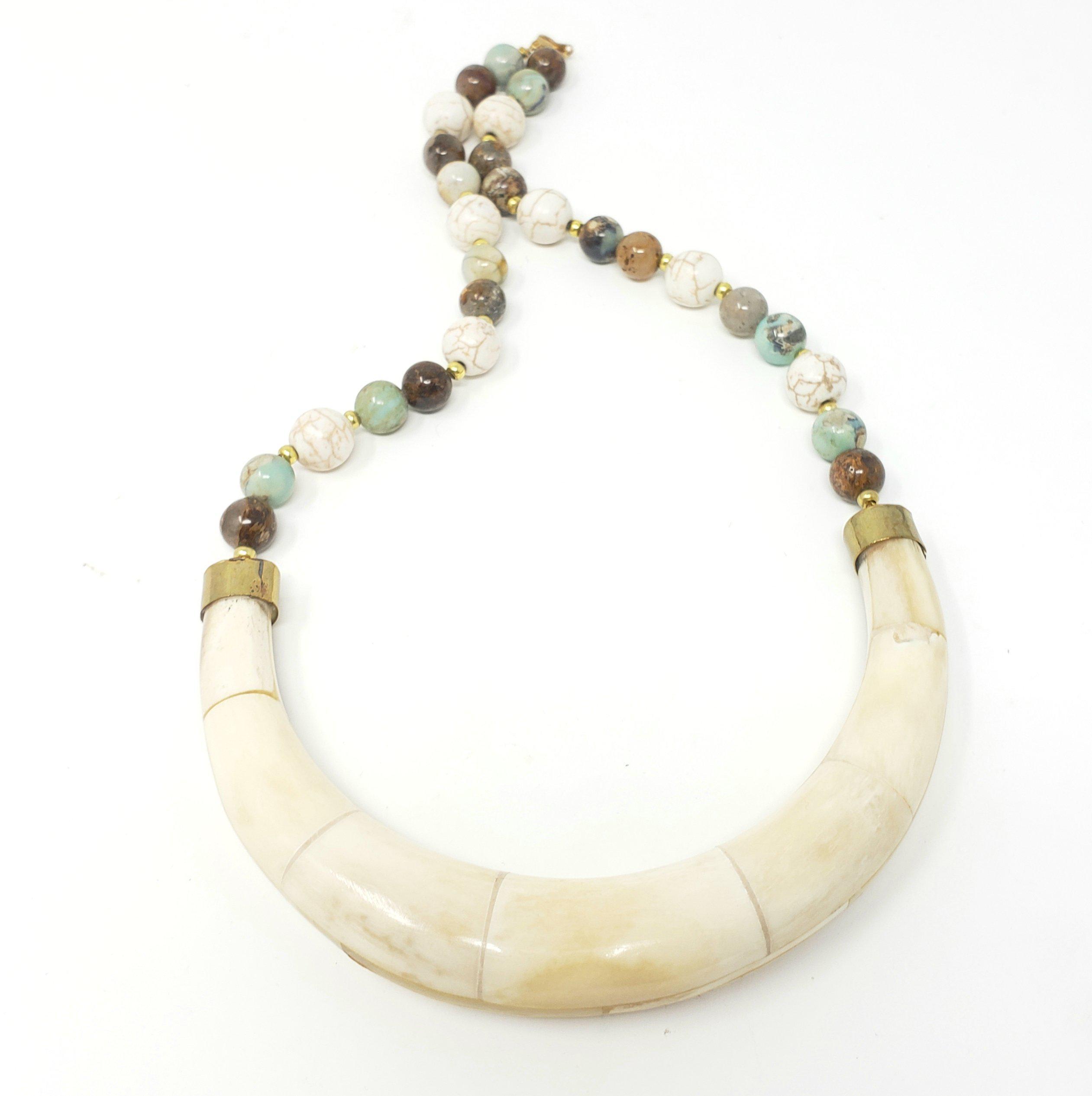 Agate Jasper Bone Horn Necklace and Bracelets