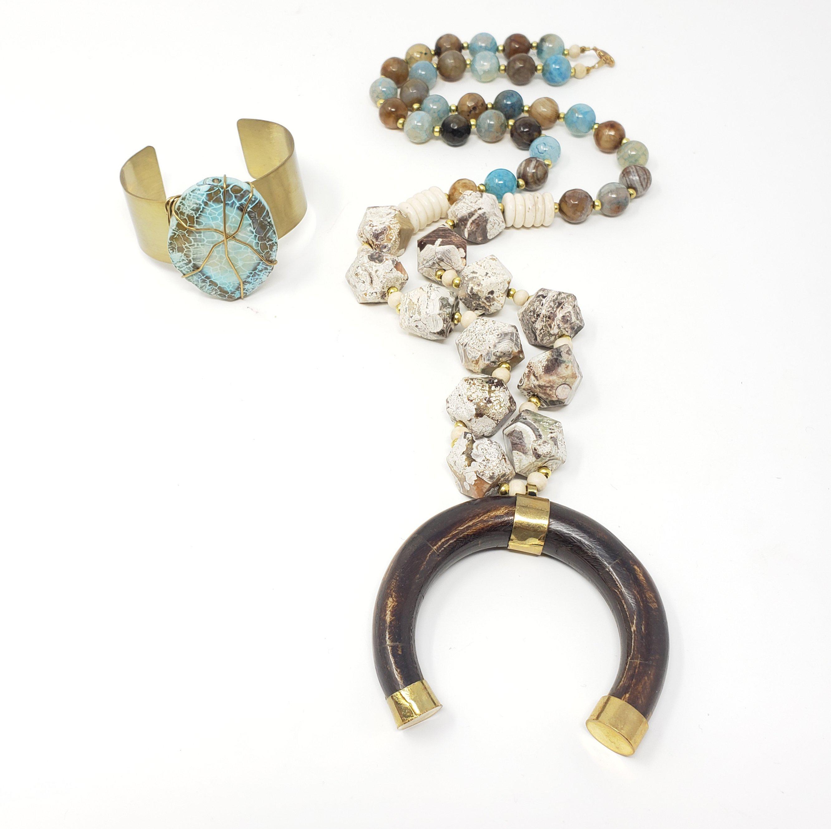 Agate Jasper Bone Horn Necklace and Cuff