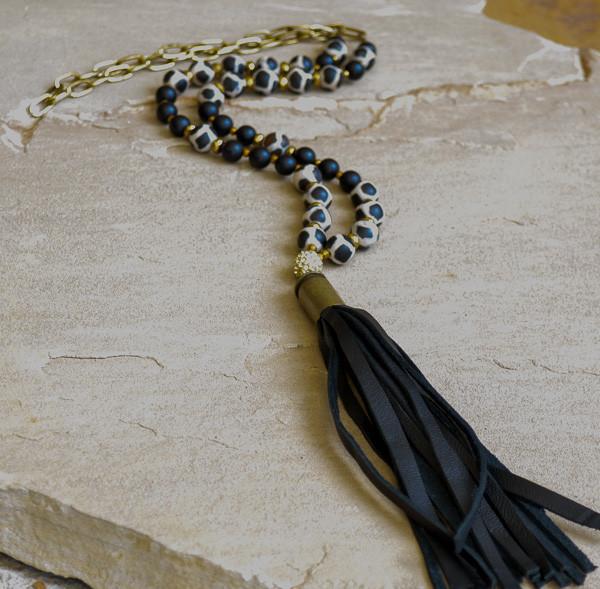 Black and White Agate Lambskin Tassel Necklace