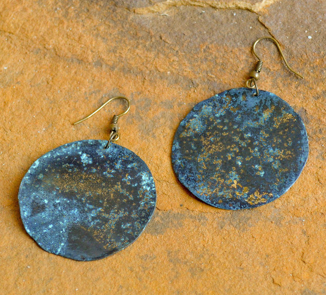 Blue Patina Brass Circle Earrings