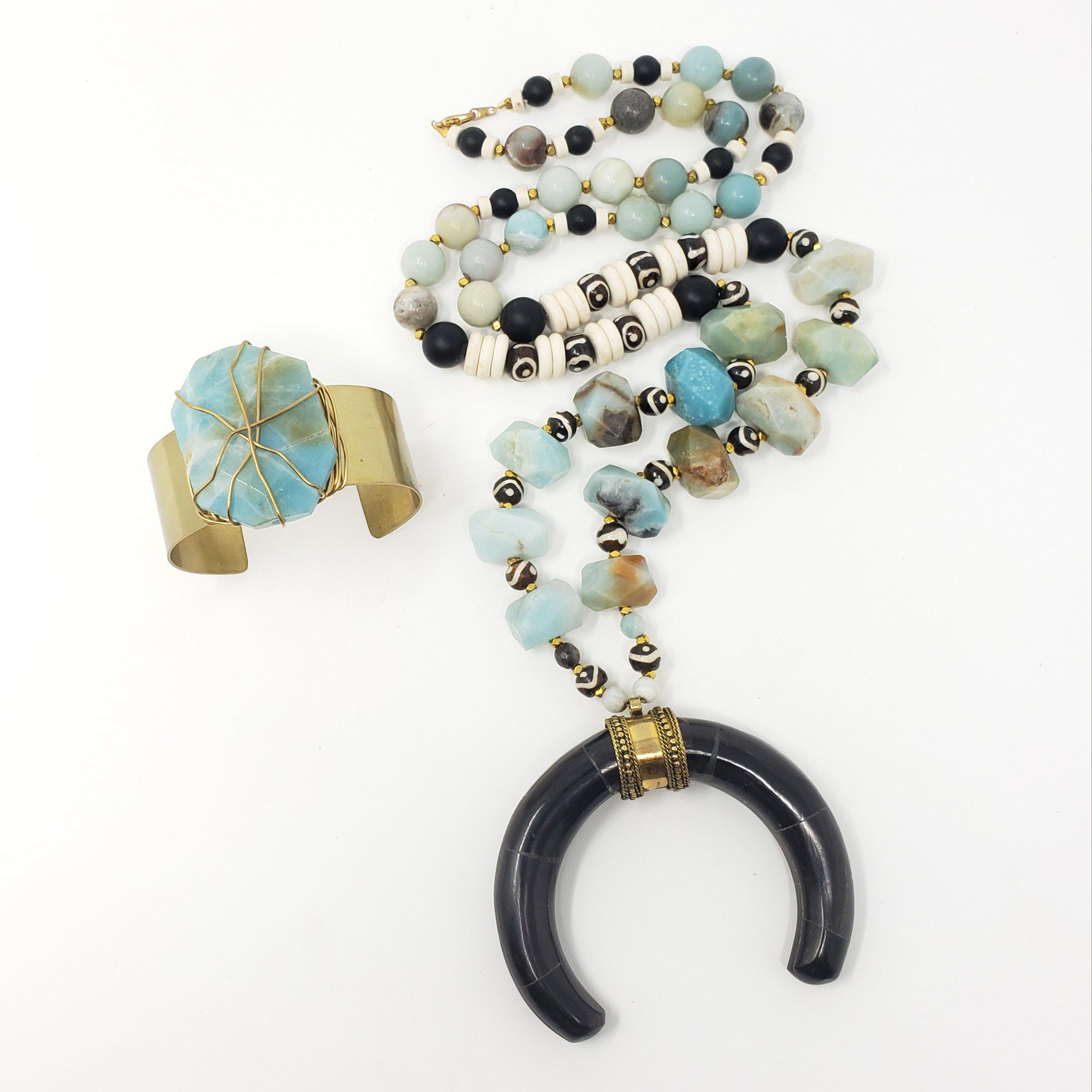 Bone Amazonite Necklace and Recycled Brass Cuff
