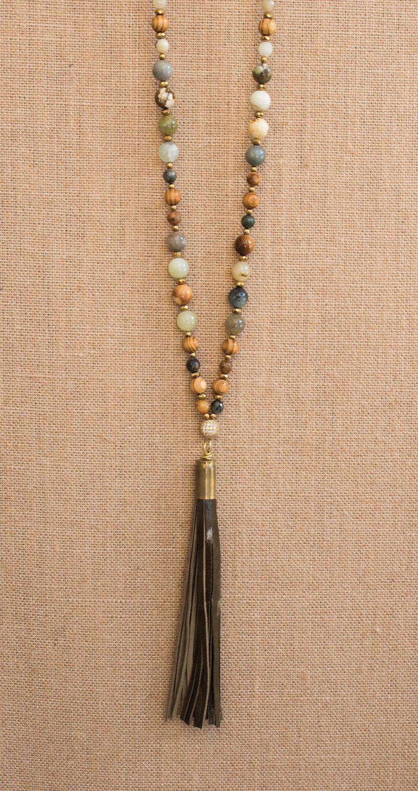 Earth Tone Agate Olive Tassel Necklace