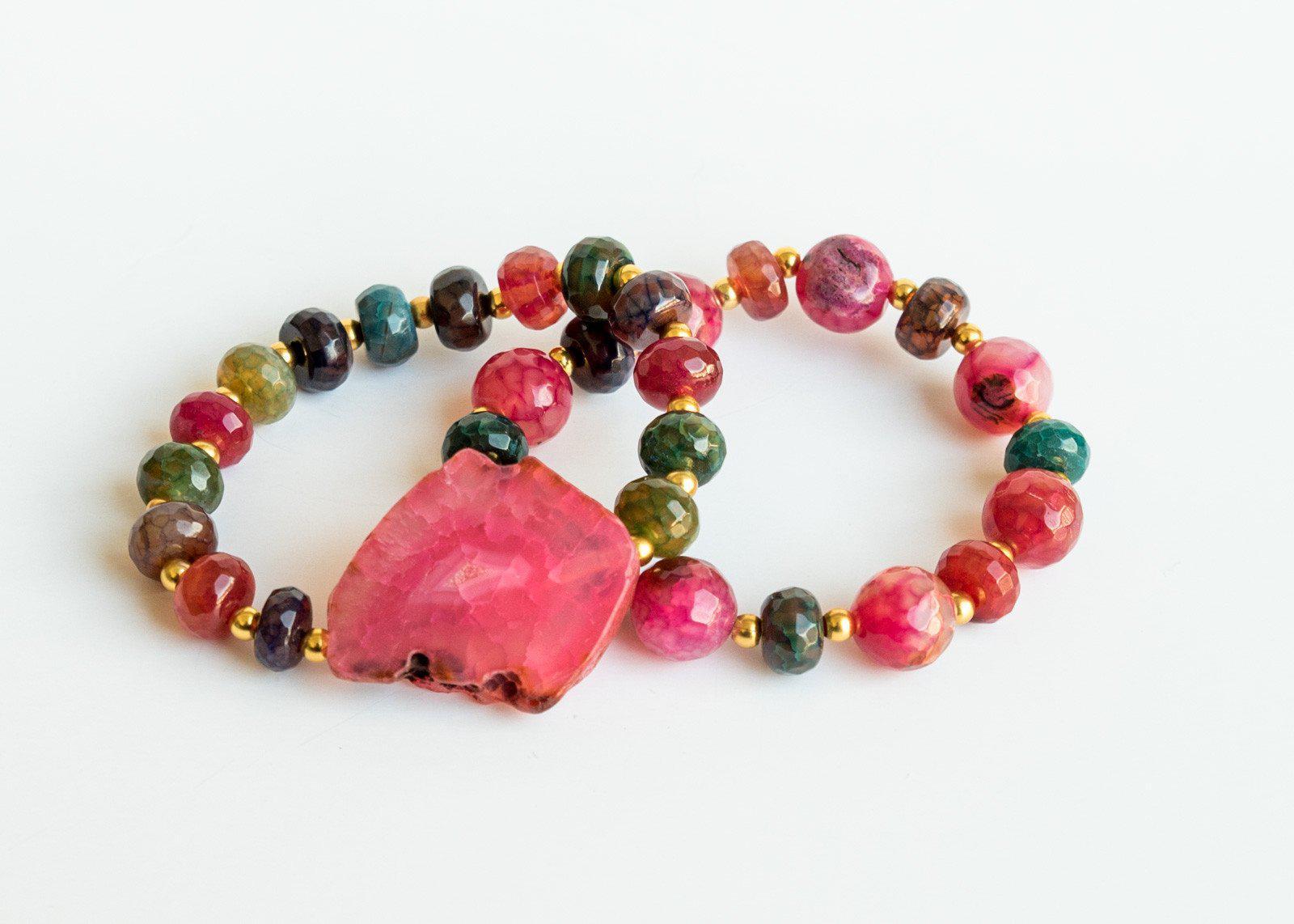 Fuchsia Rainbow Agate Bracelet Set