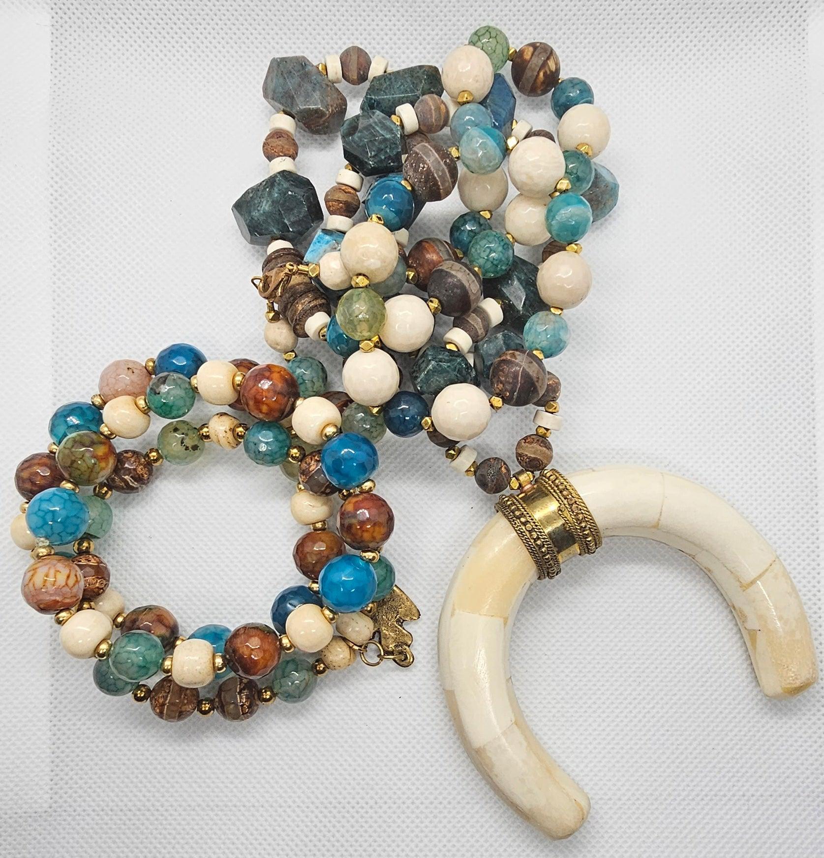 Apatite Tibetan Agate Horn Necklace & Bracelet Set