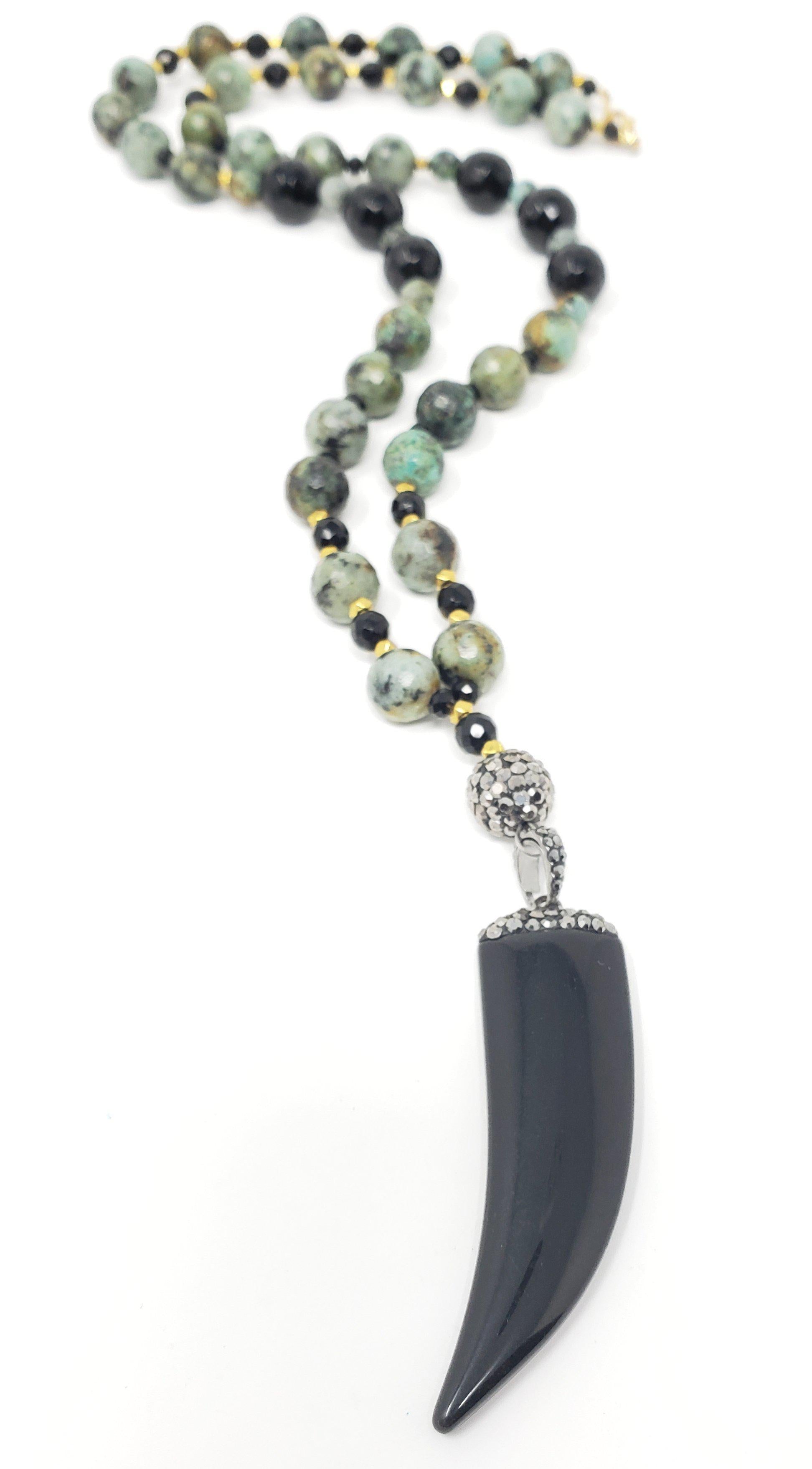 African Turquoise Onyx Pave Horn Necklace