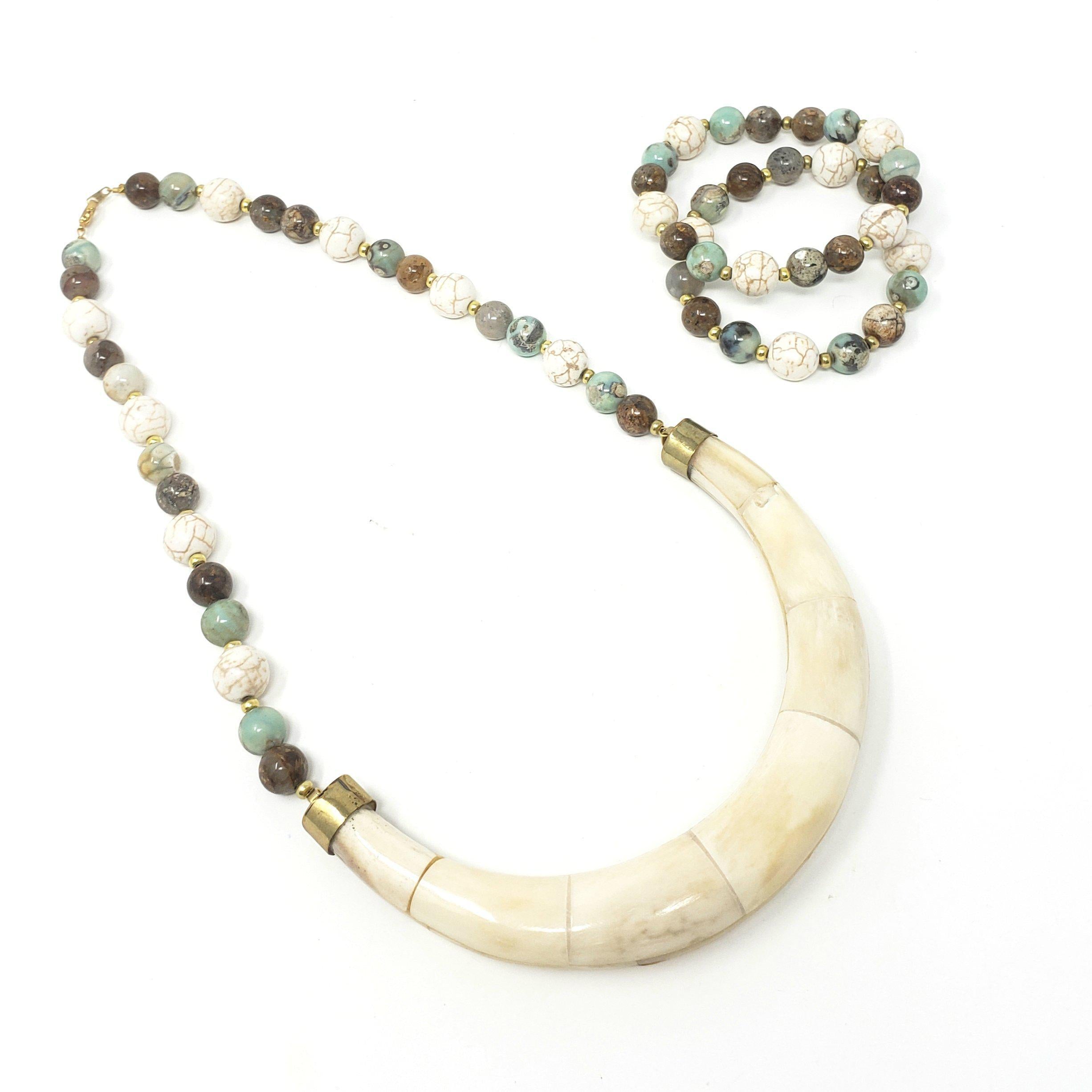 Agate Jasper Bone Horn Necklace and Bracelets