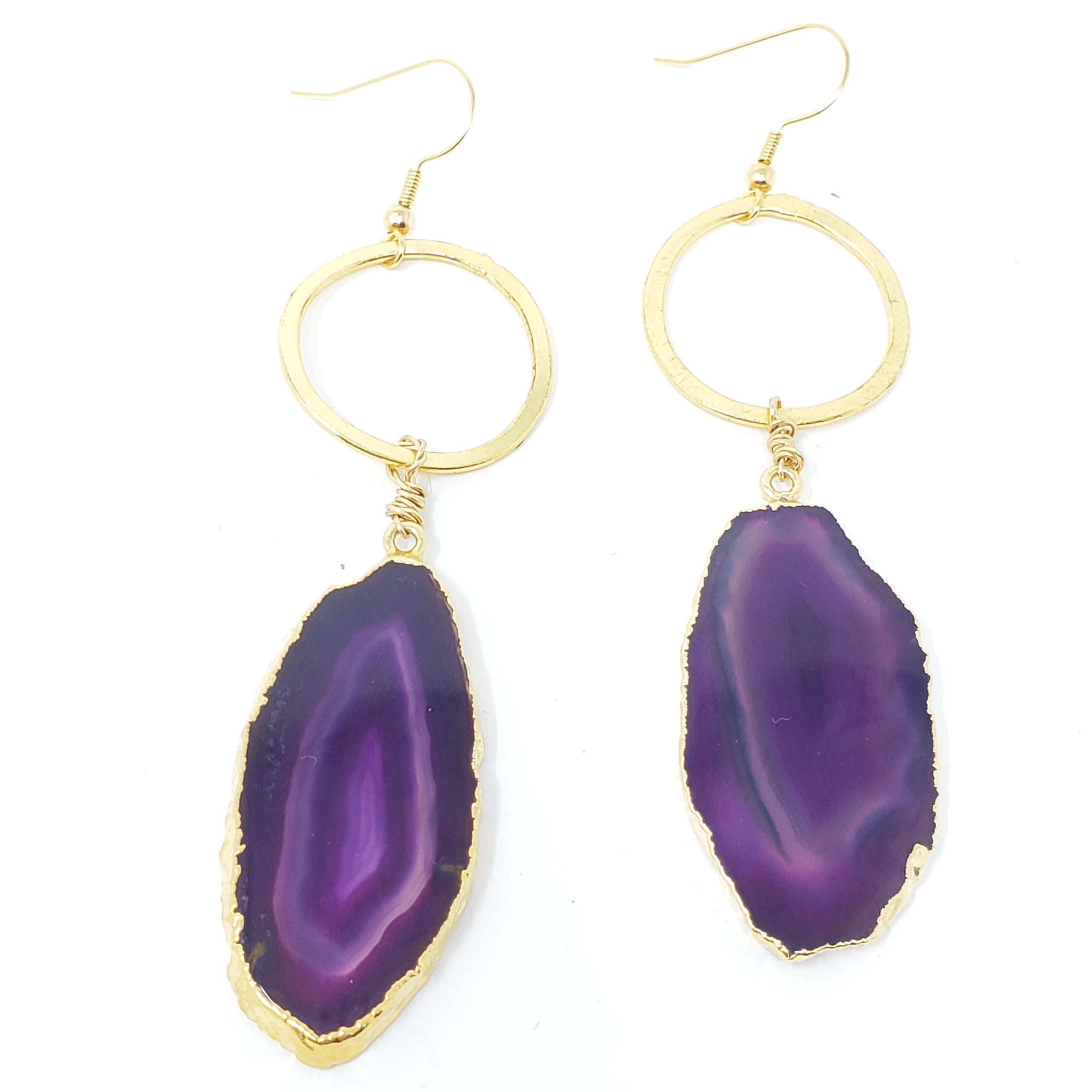 Agate Slice Hoop Earrings - Purple