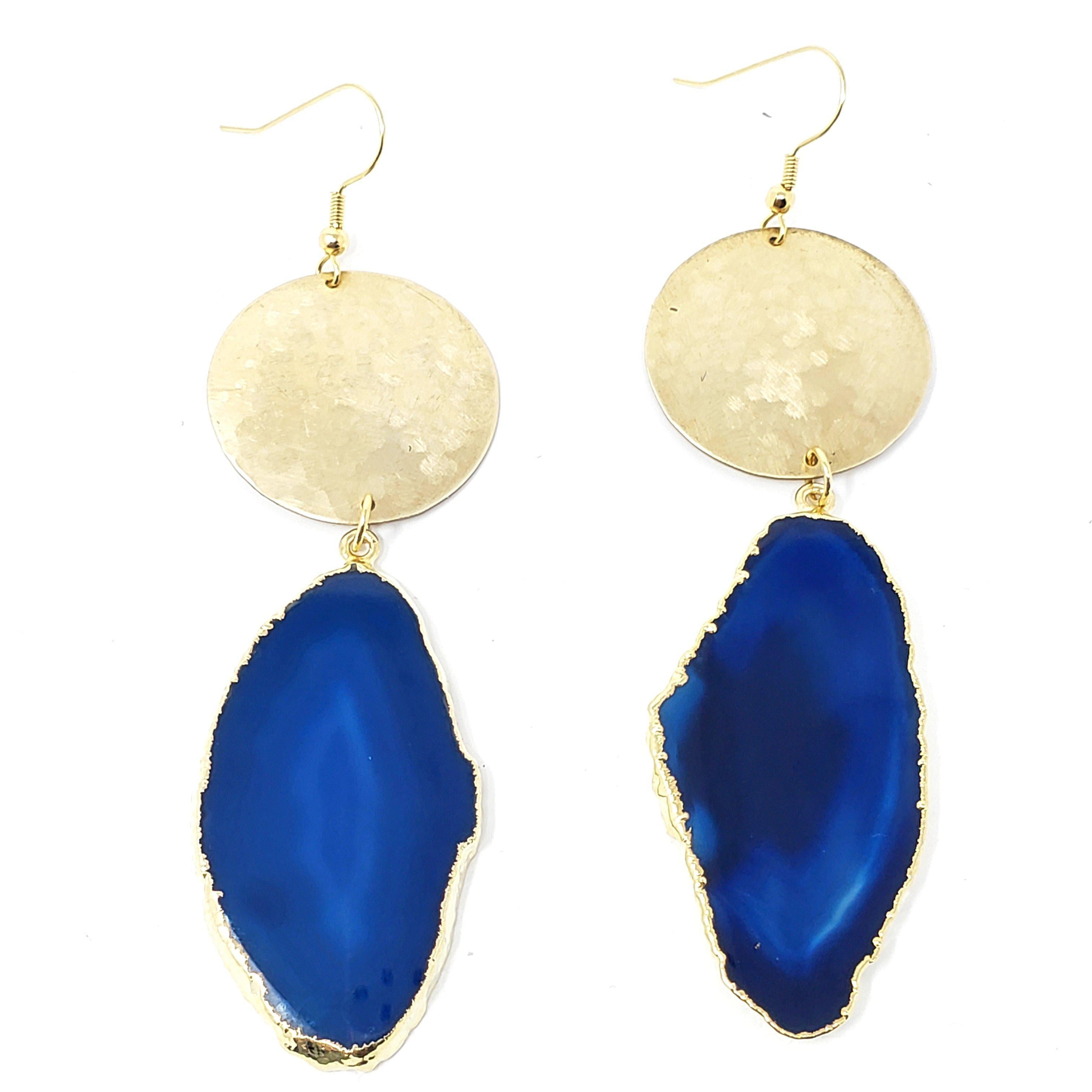 Agate Slice Recycled Brass Earrings - Blue