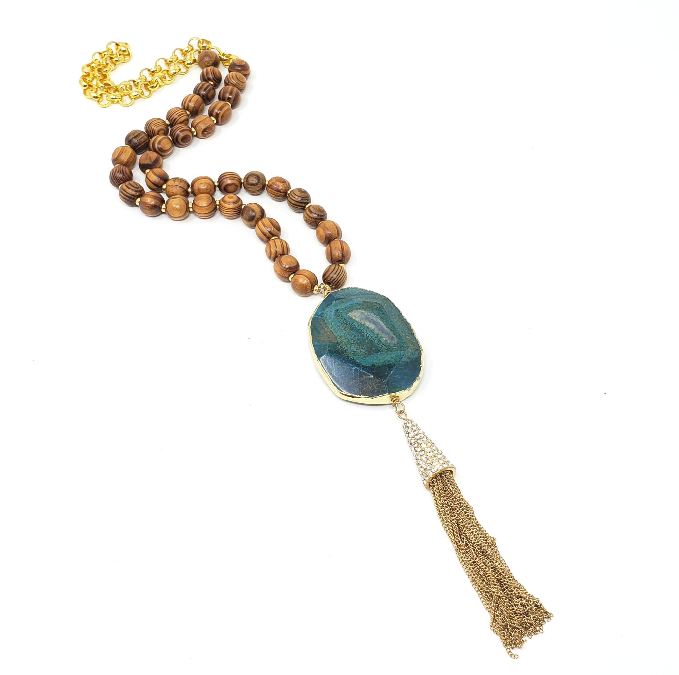 Agate Wood Pave Tassel Necklace