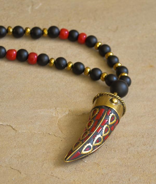 Black Onyx Red Coral Horn Necklace