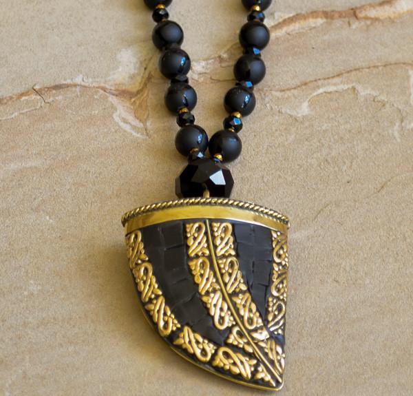 Black Onyx and Brass Horn Necklace
