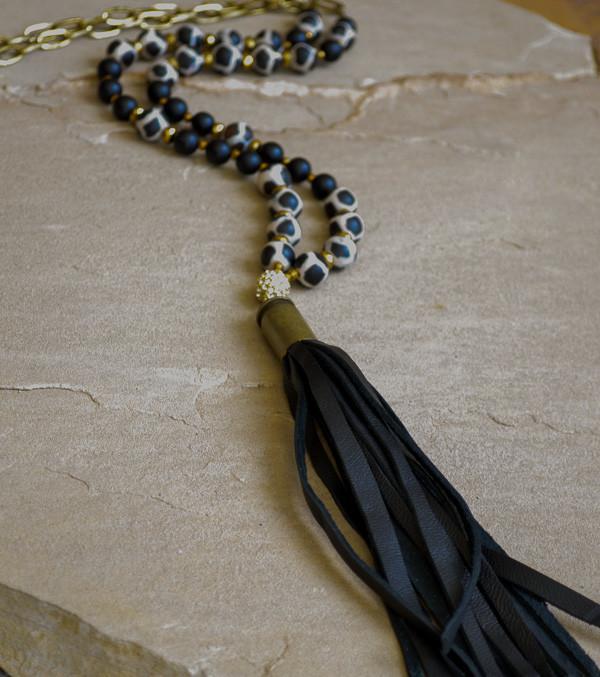 Black and White Agate Lambskin Tassel Necklace