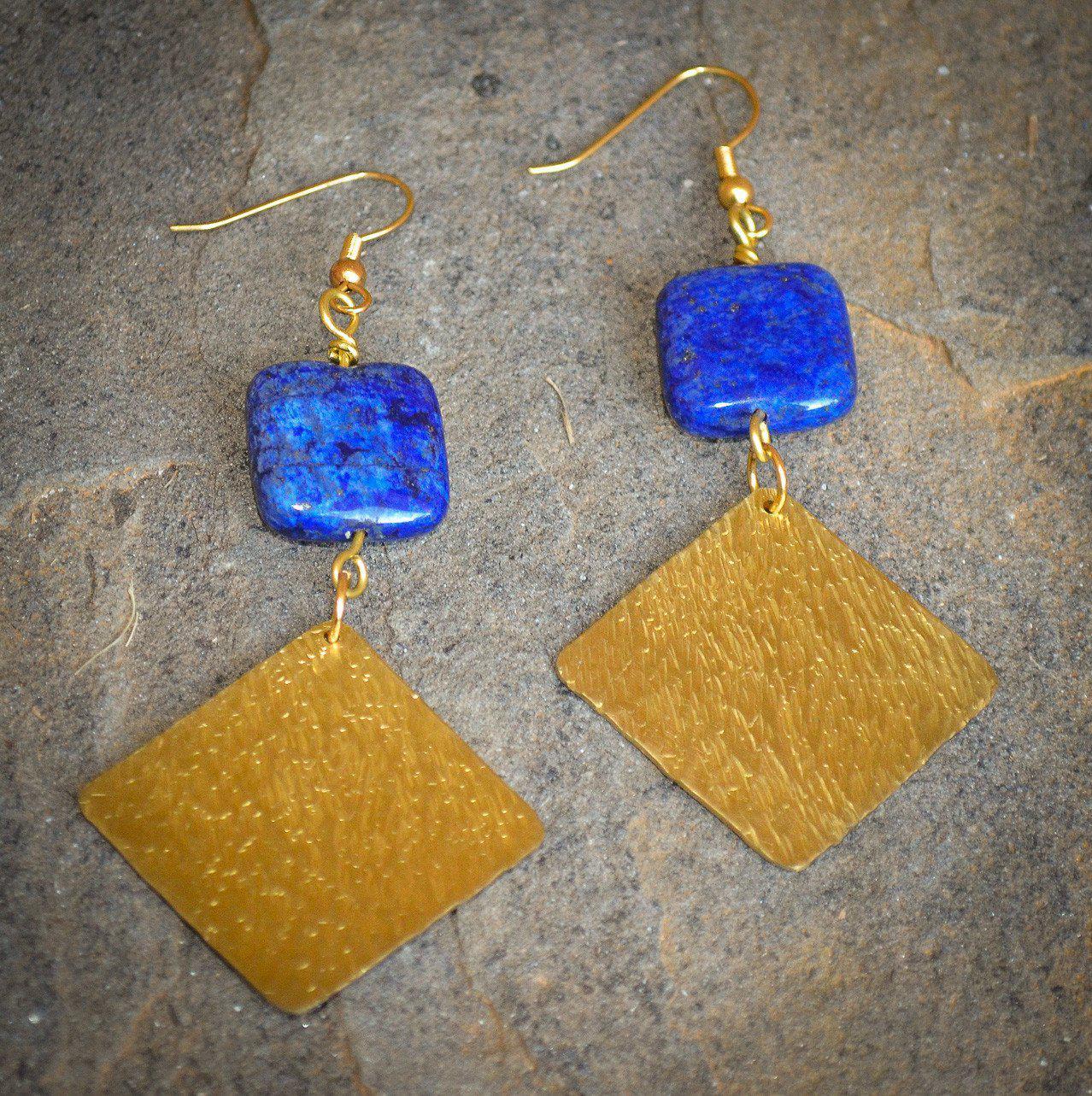 Blue Lapis Brass Earrings