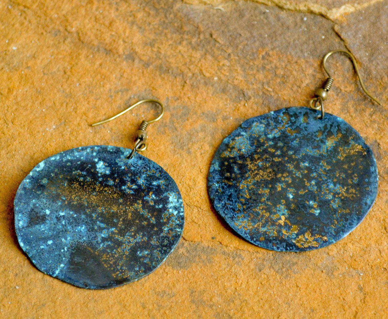 Blue Patina Brass Circle Earrings