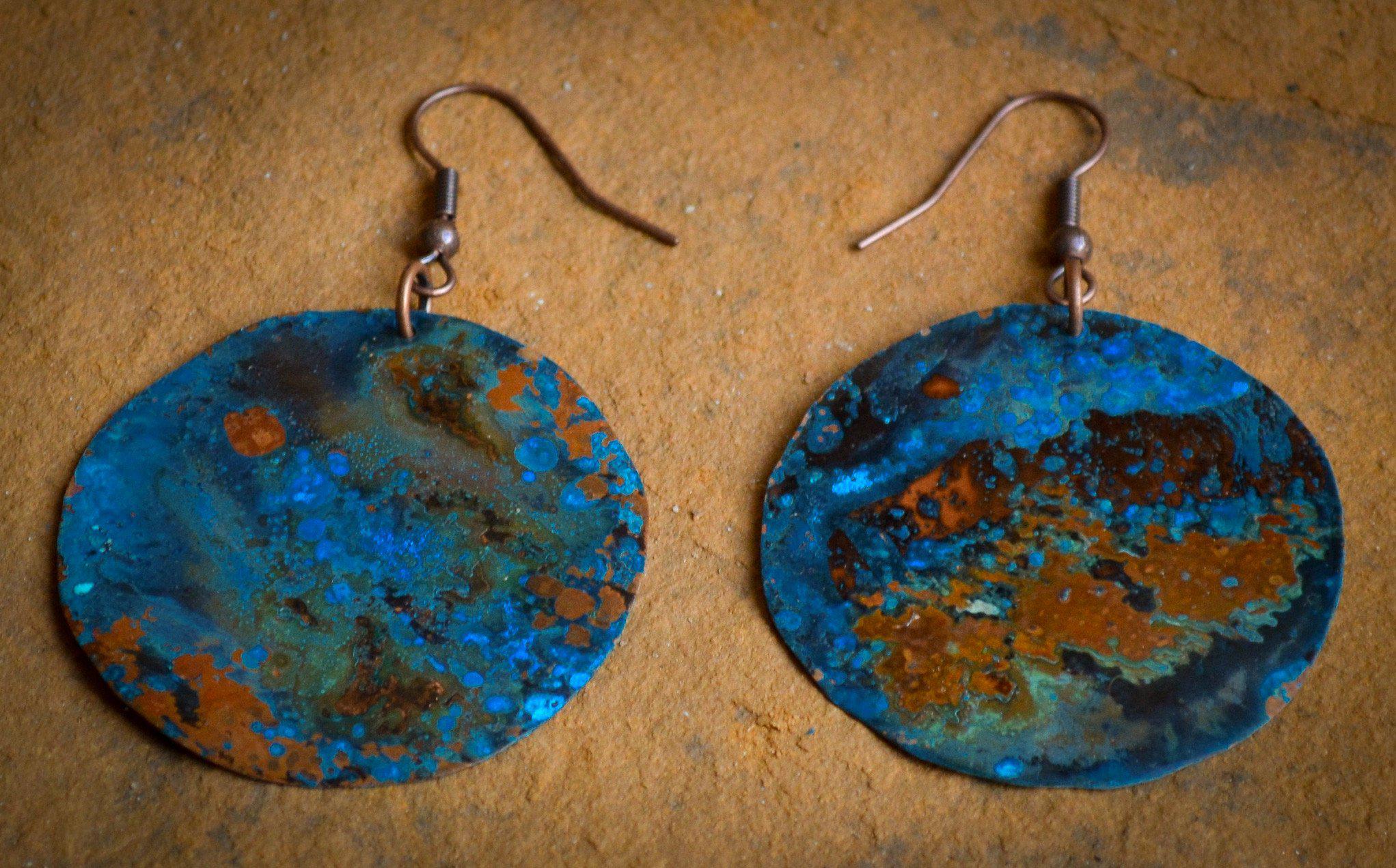 Blue Patina Copper Circle Earrings