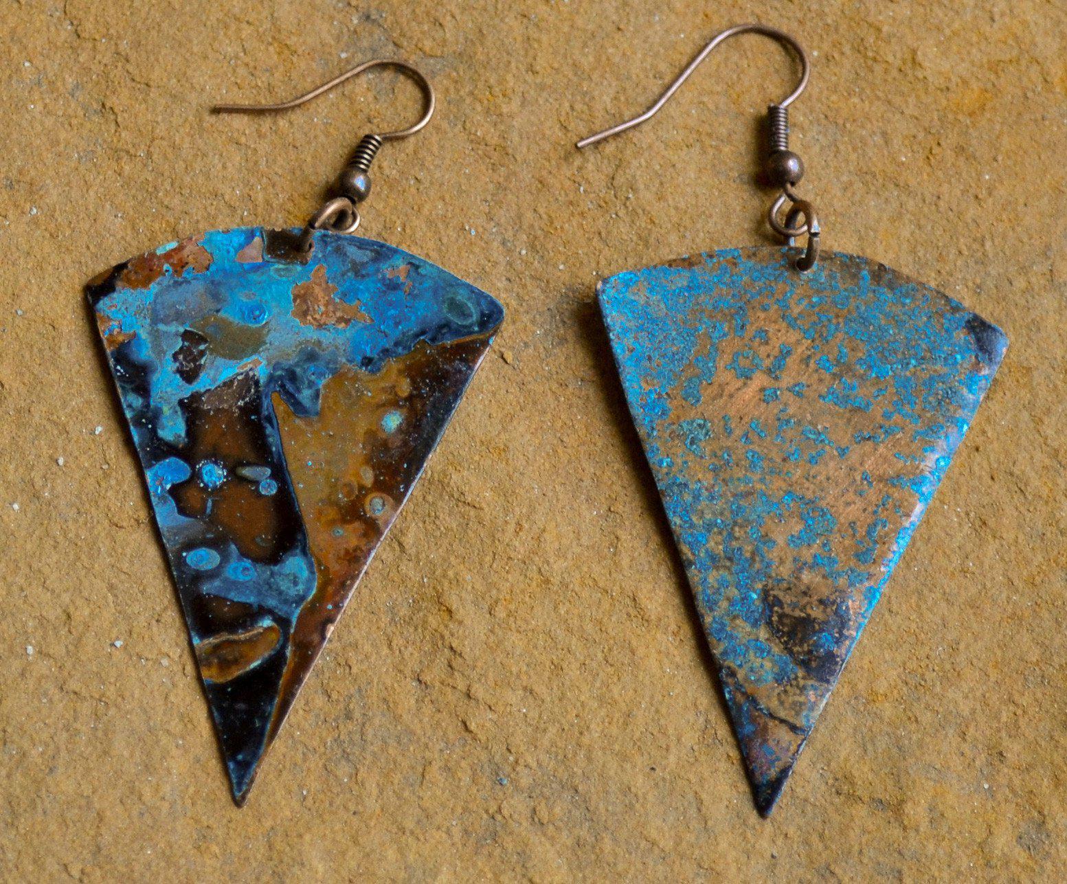 Blue Patina Rounded Triangle Earrings