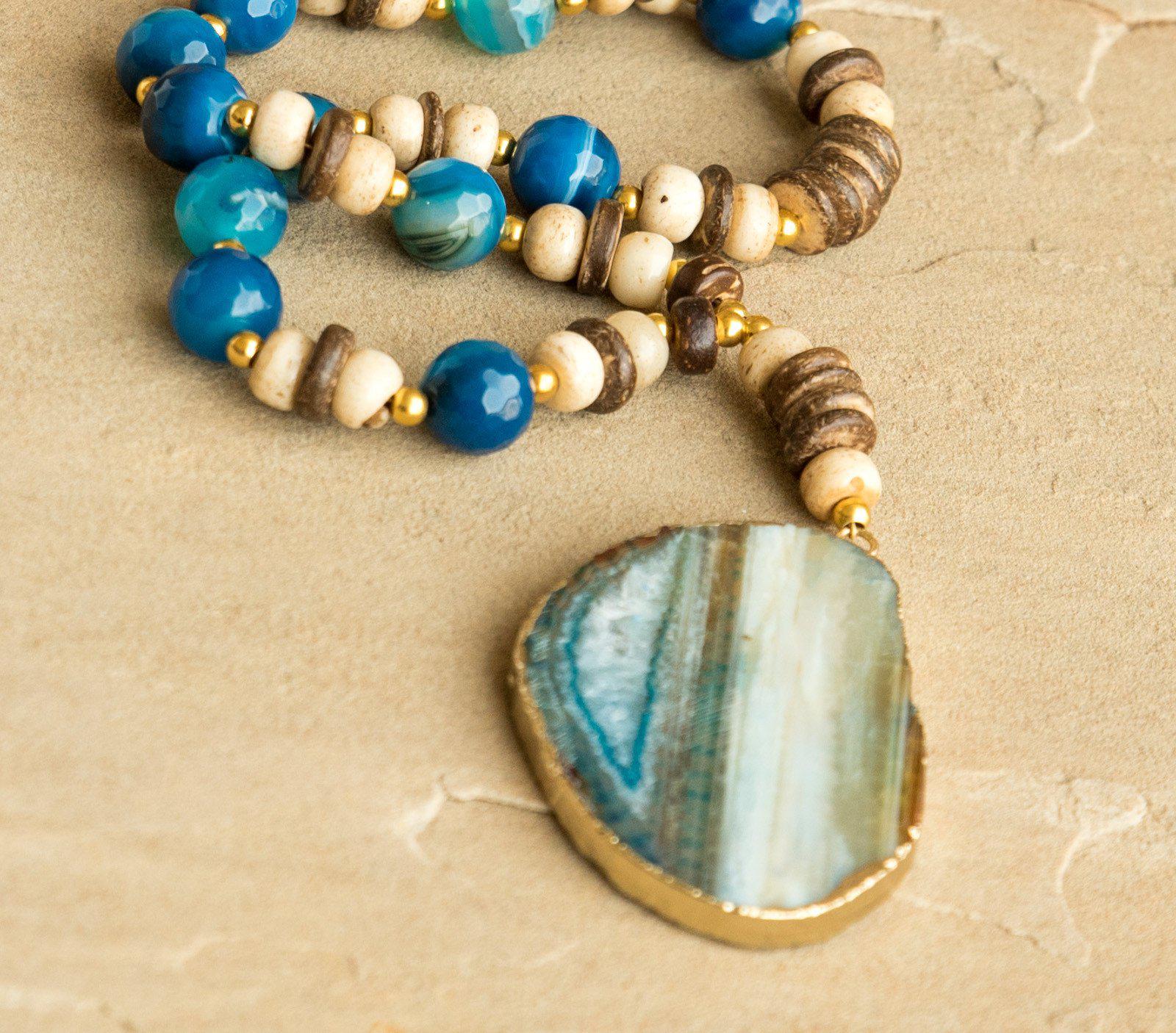 Caribbean Blue Coconut Shell Agate Necklace