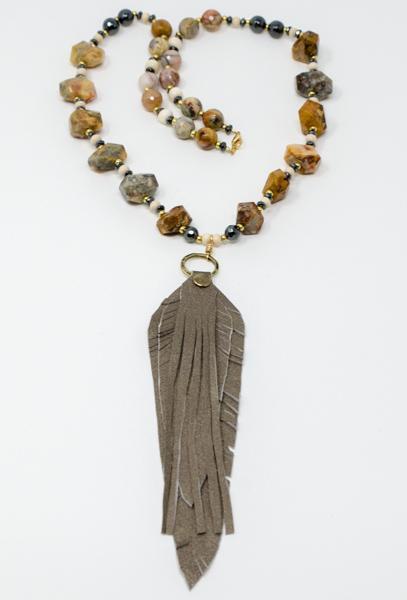 Crazy Lace Agate Hematite Leather Feather Fringe Necklace