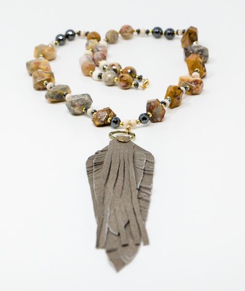 Crazy Lace Agate Hematite Leather Feather Fringe Necklace