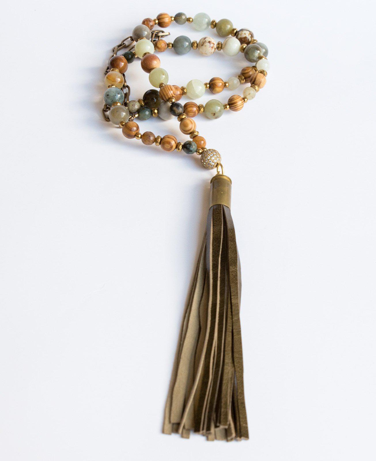 Earth Tone Agate Olive Tassel Necklace