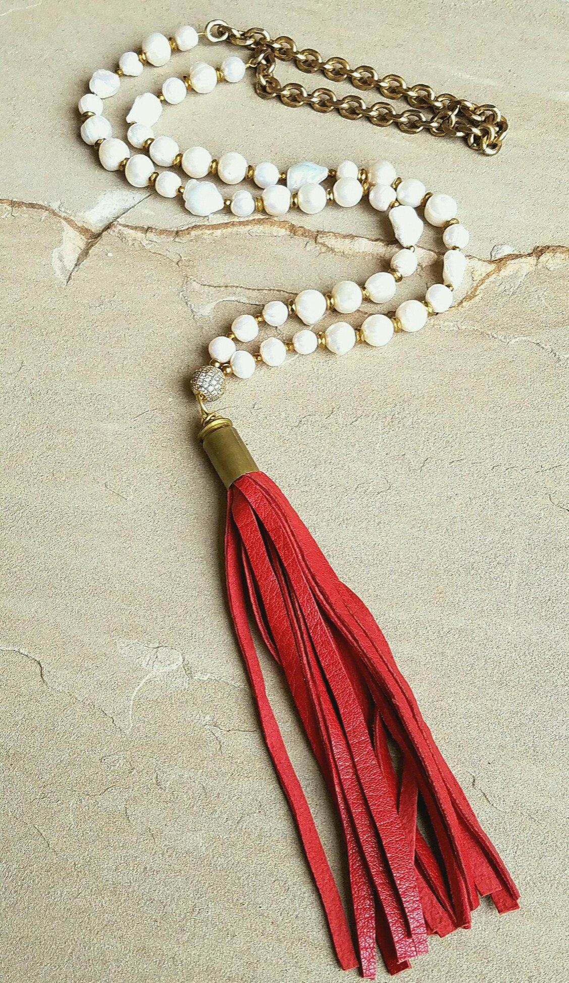 Freshwater Pearl Red Bullet Shell Tassel Necklace
