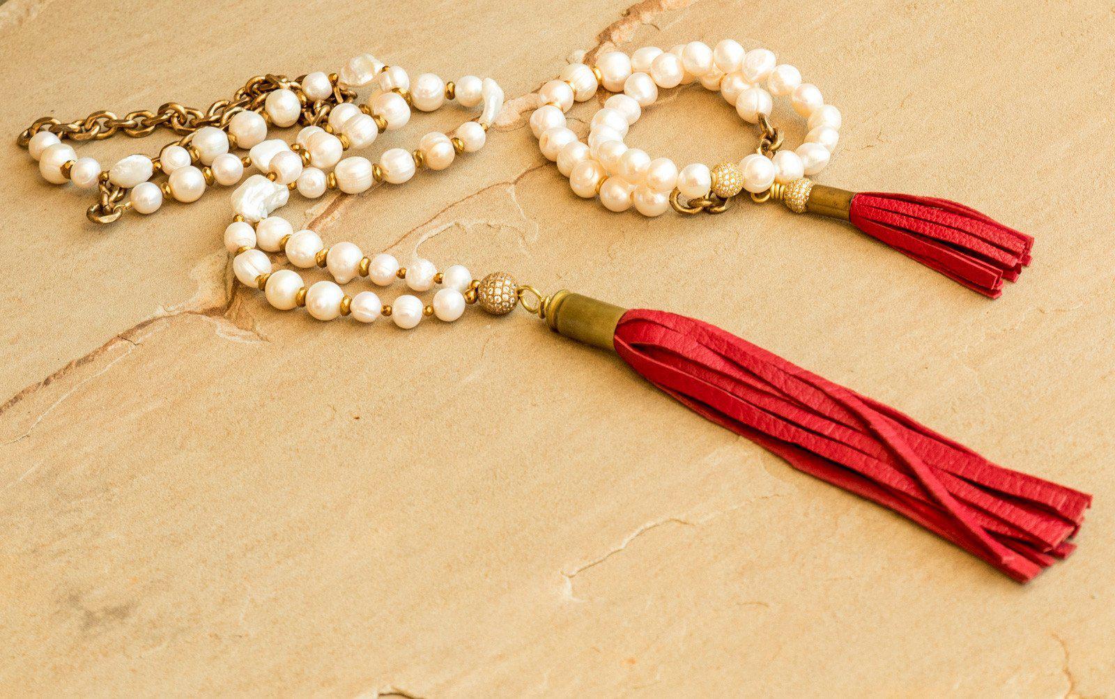 Freshwater Pearl Red Tassel Bracelet Set