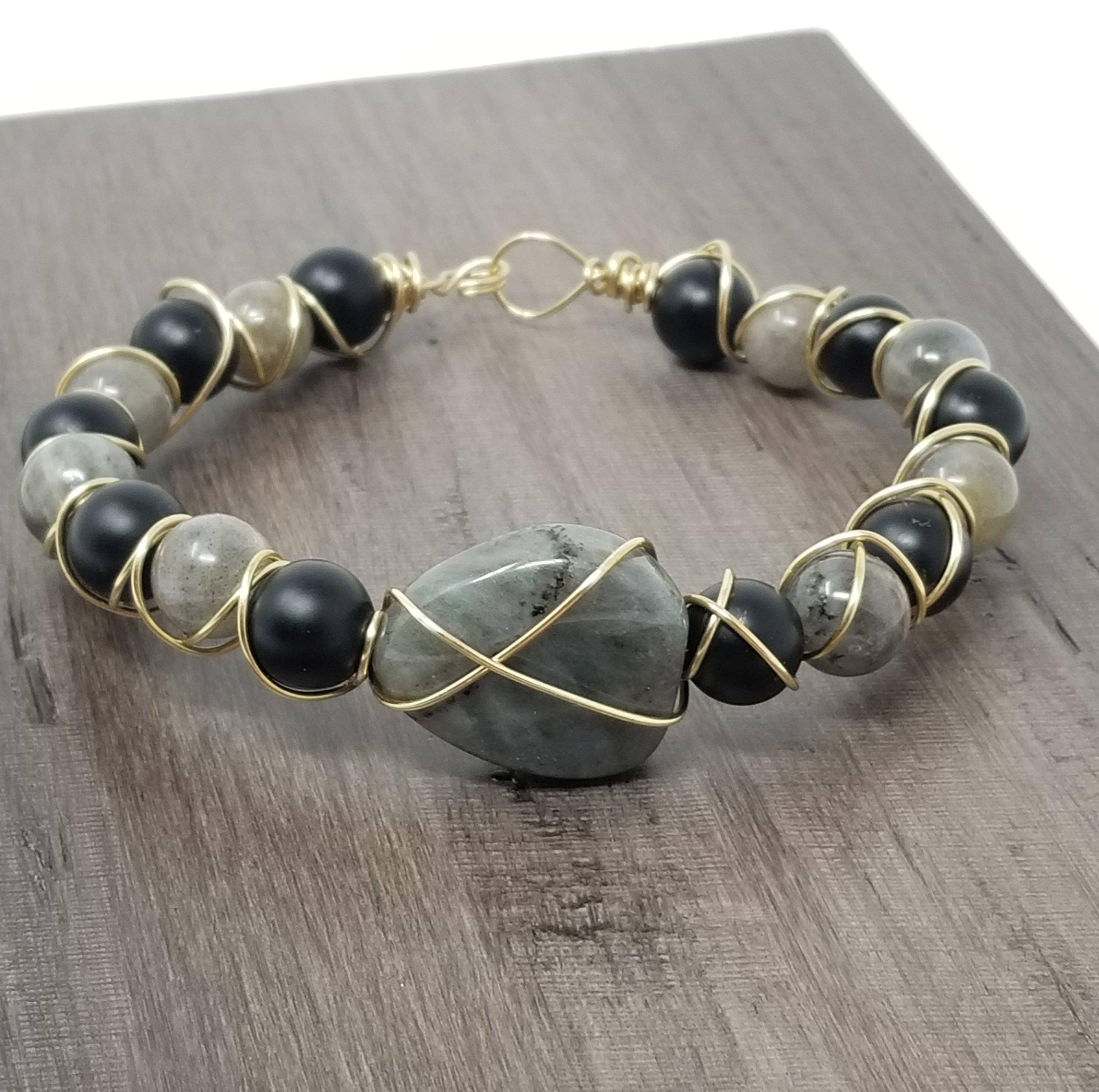 Labradorite Matte Black Onyx Wire Wrapped Bracelet