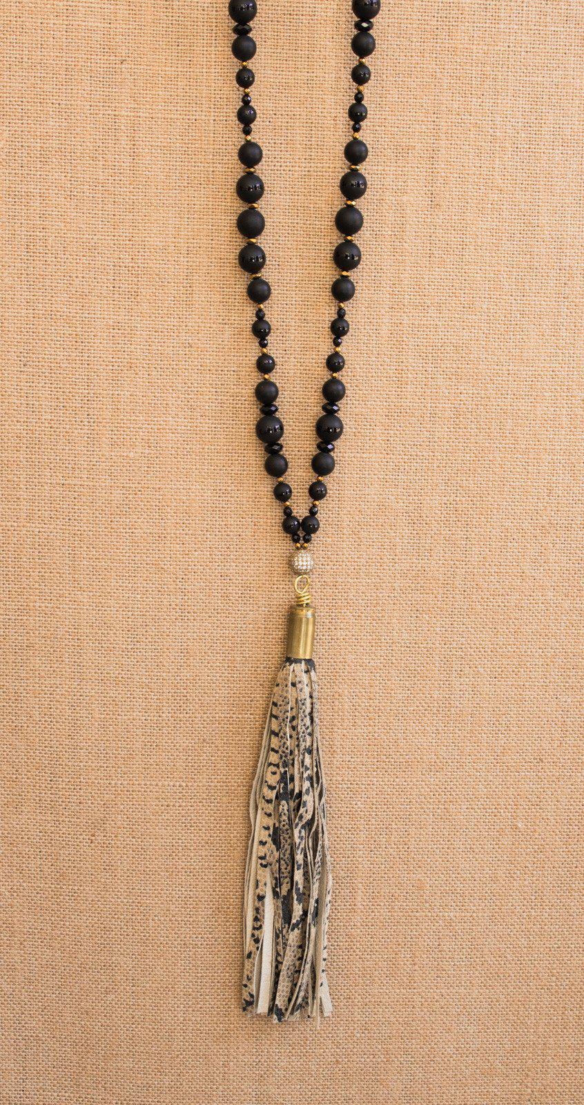 Matte Black Onyx Snakeskin Bullet Shell Tassel Necklace
