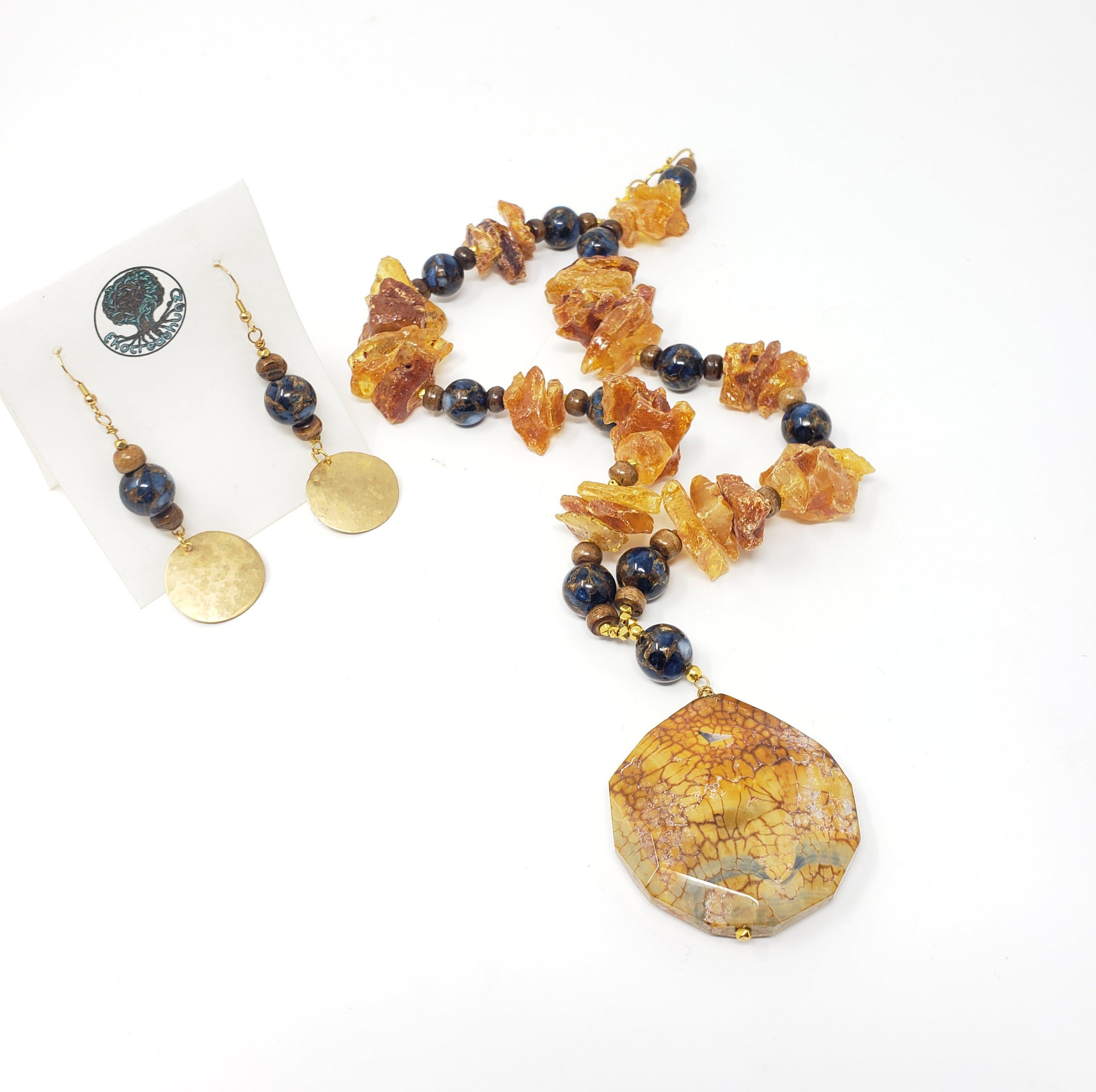 Natural Amber Agate Necklace and Earrings