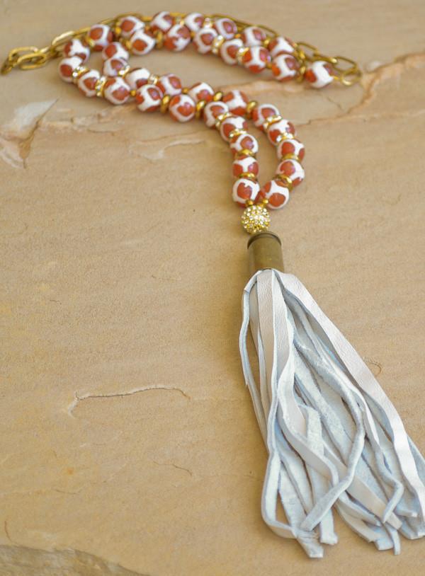 Orange and White Agate Tassel Necklace