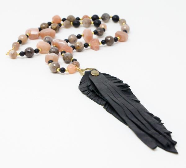 Sandstone Matte Black Onyx Leather Feather Fringe Necklace