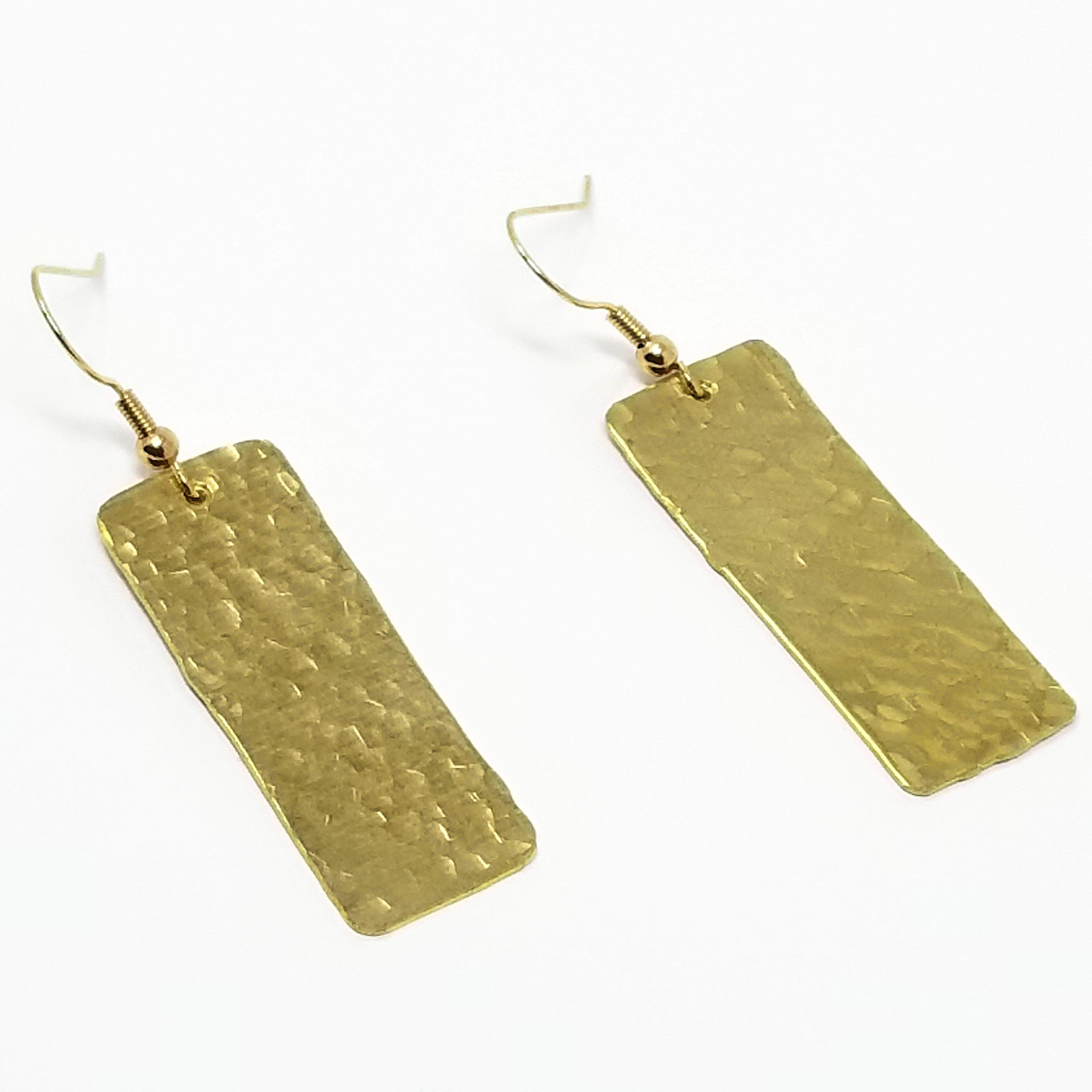 Skinny Rectangle  - Recycled Brass Geometric Textured Earrings