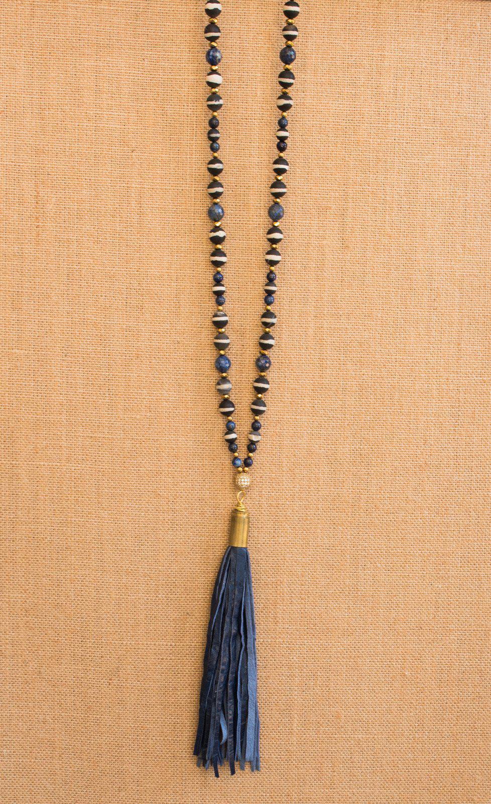 Tibetan Agate Lapis Lazuli Tassel Necklace