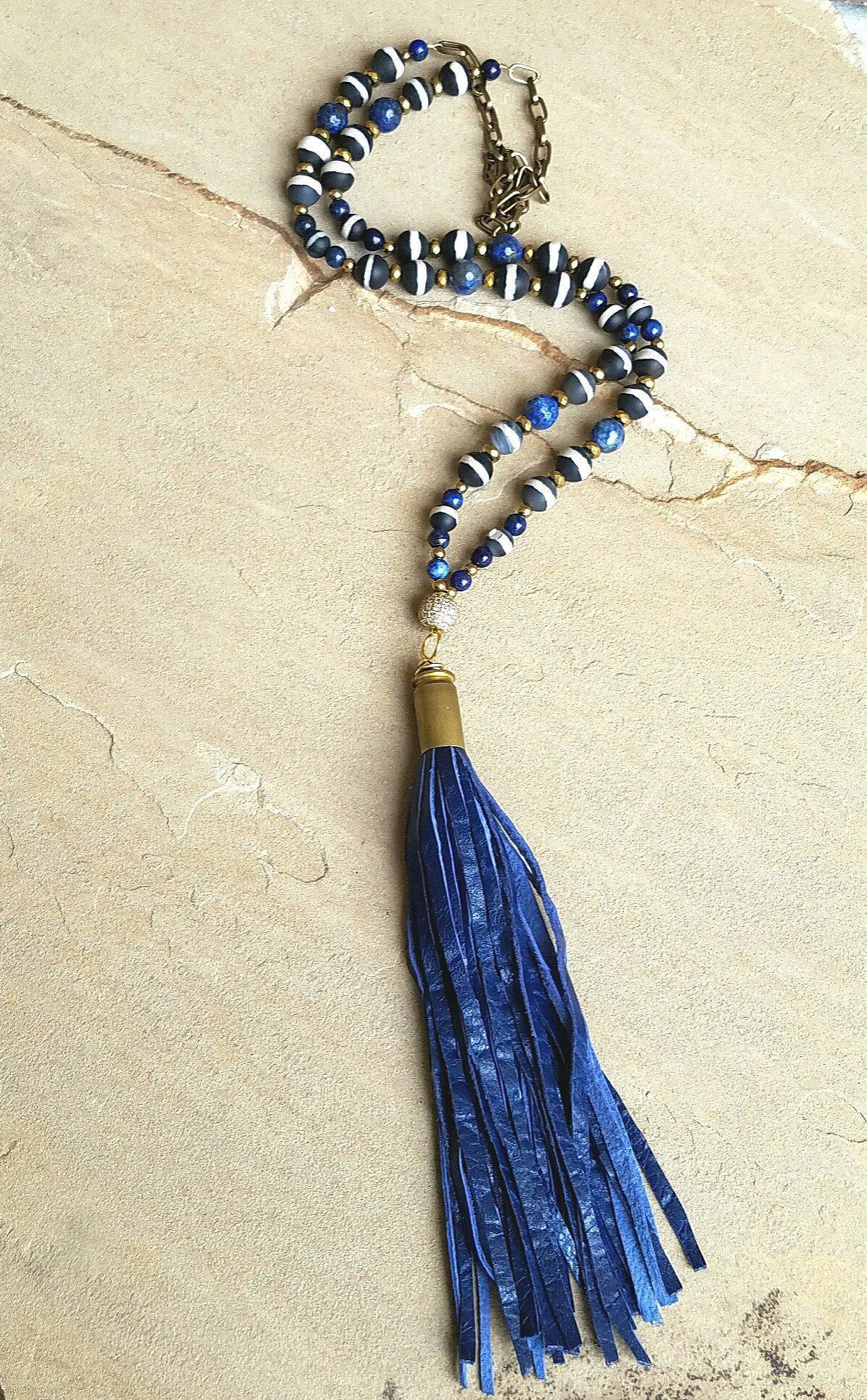 Tibetan Agate Lapis Lazuli Tassel Necklace