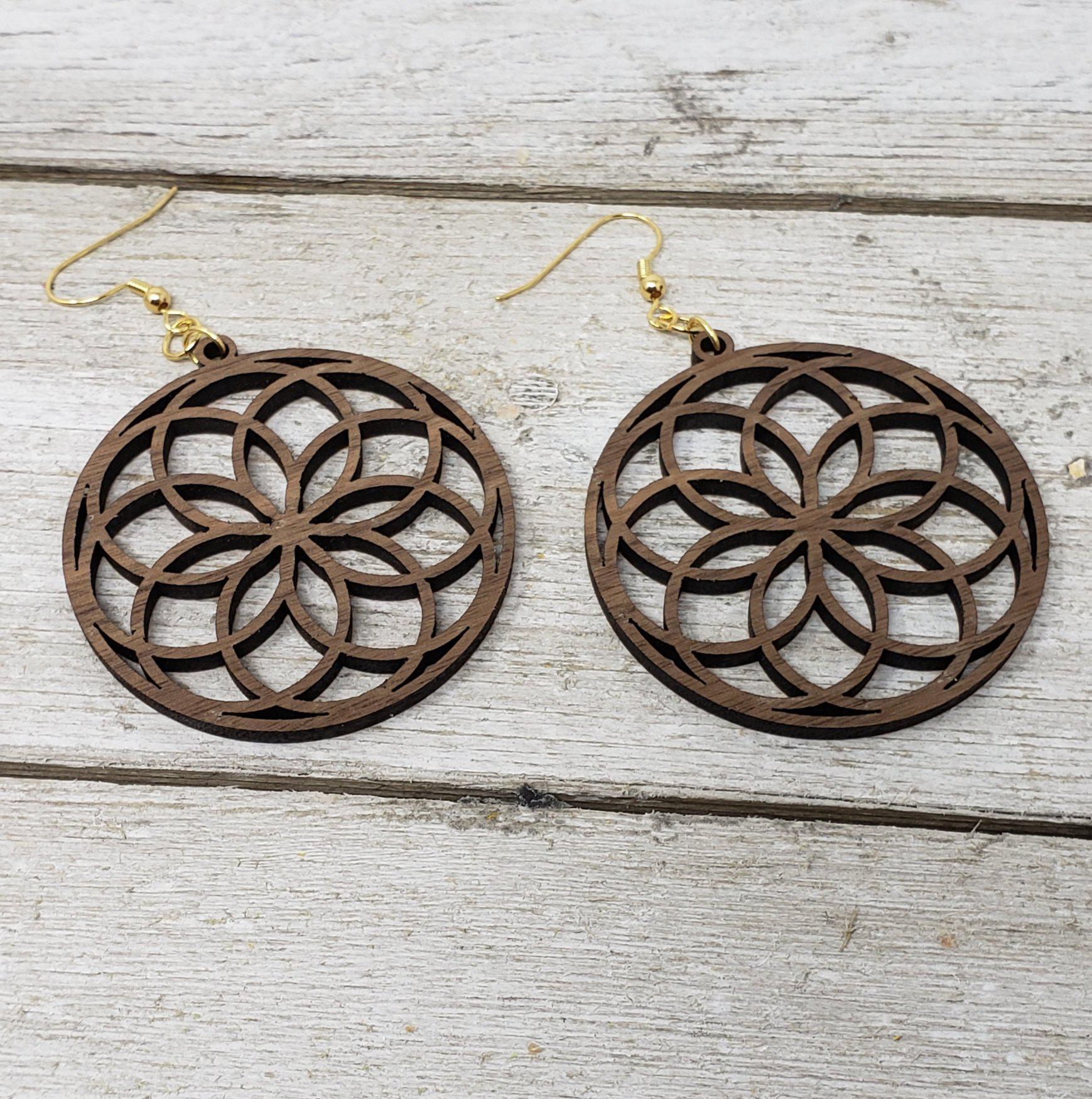 Walnut Lotus Flower Circle Earrings