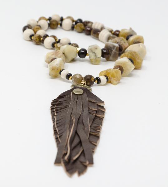 Yellow Creek Jasper Wood Leather Feather Fringe Necklace