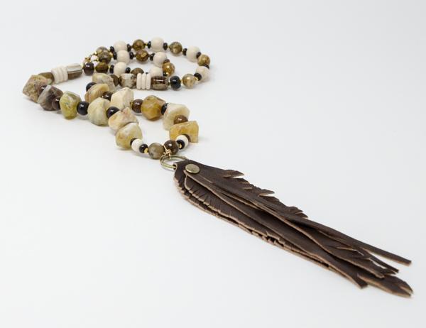 Yellow Creek Jasper Wood Leather Feather Fringe Necklace