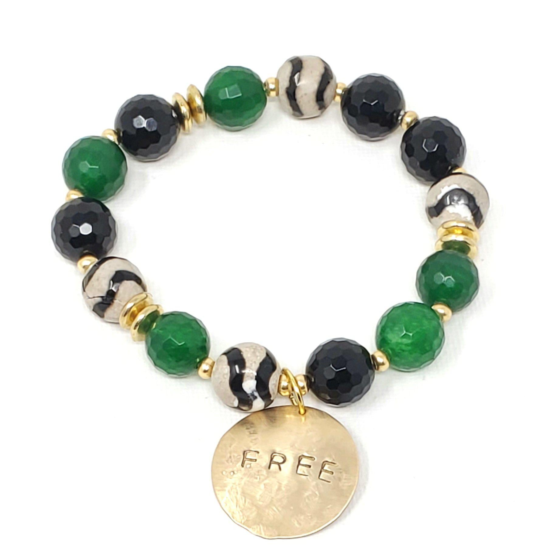Black White & Green Gemstone Affirmation Bracelet